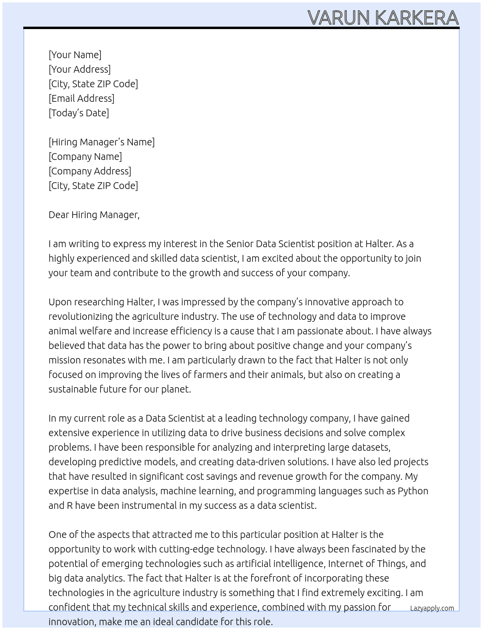 Senior Data Scientist At Halter Cover Letter