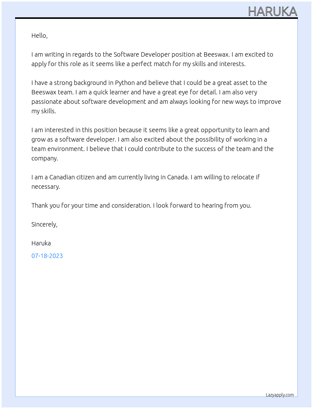 Software developer  At Beeswax Cover Letter