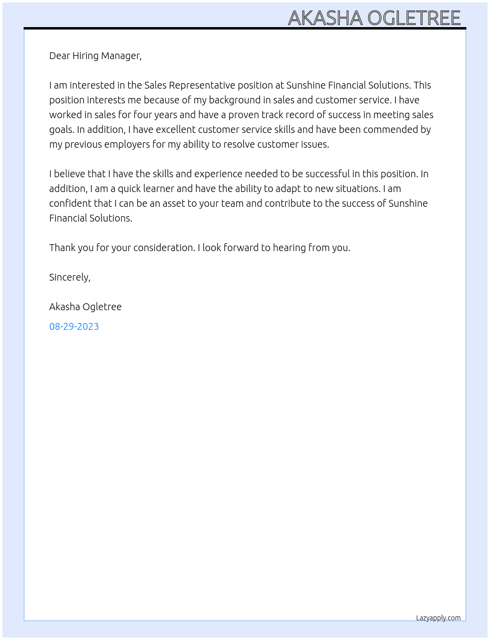 Sales representative  At Sunshine financial solutions  Cover Letter