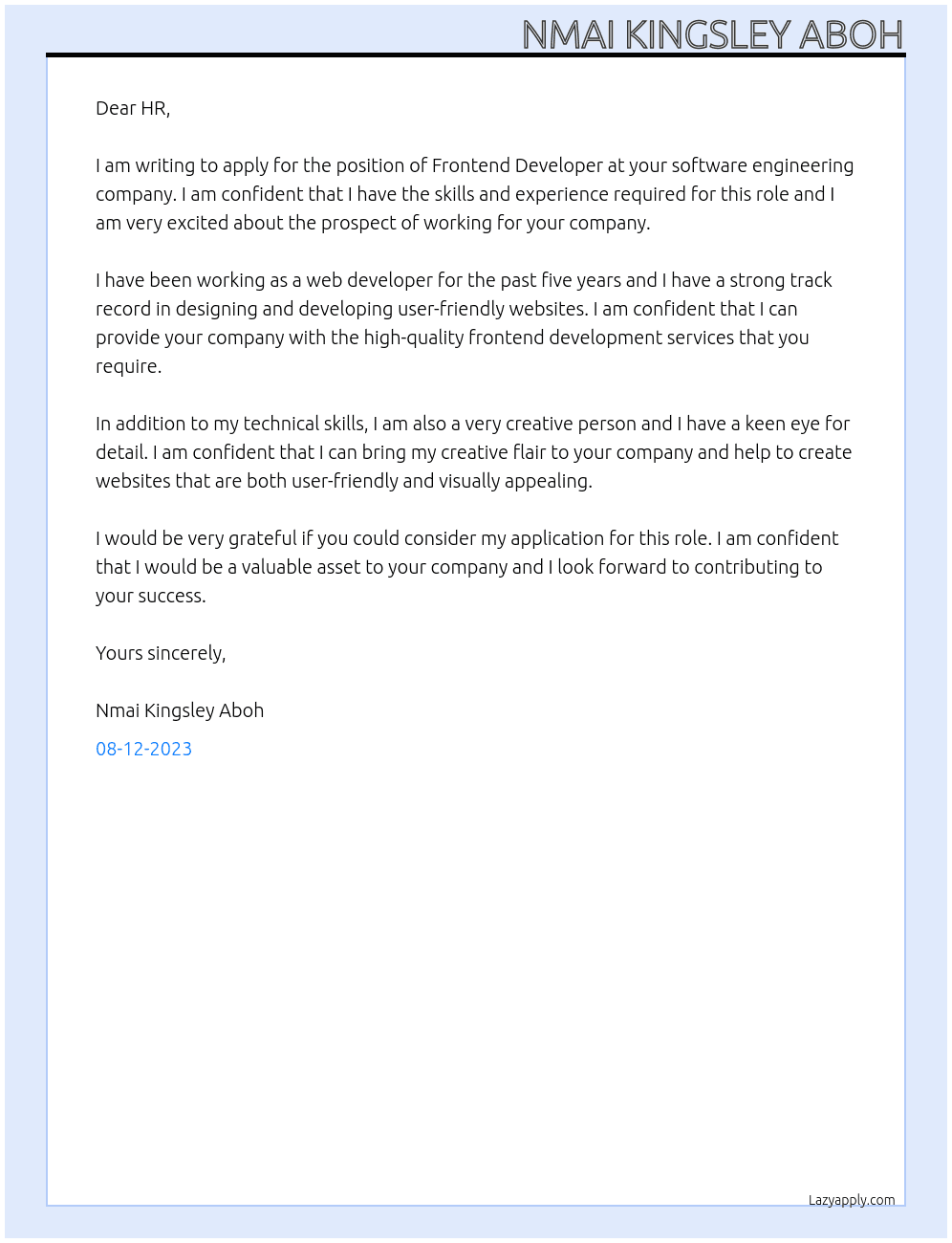 Frontend Developer At Software engineering company Cover Letter