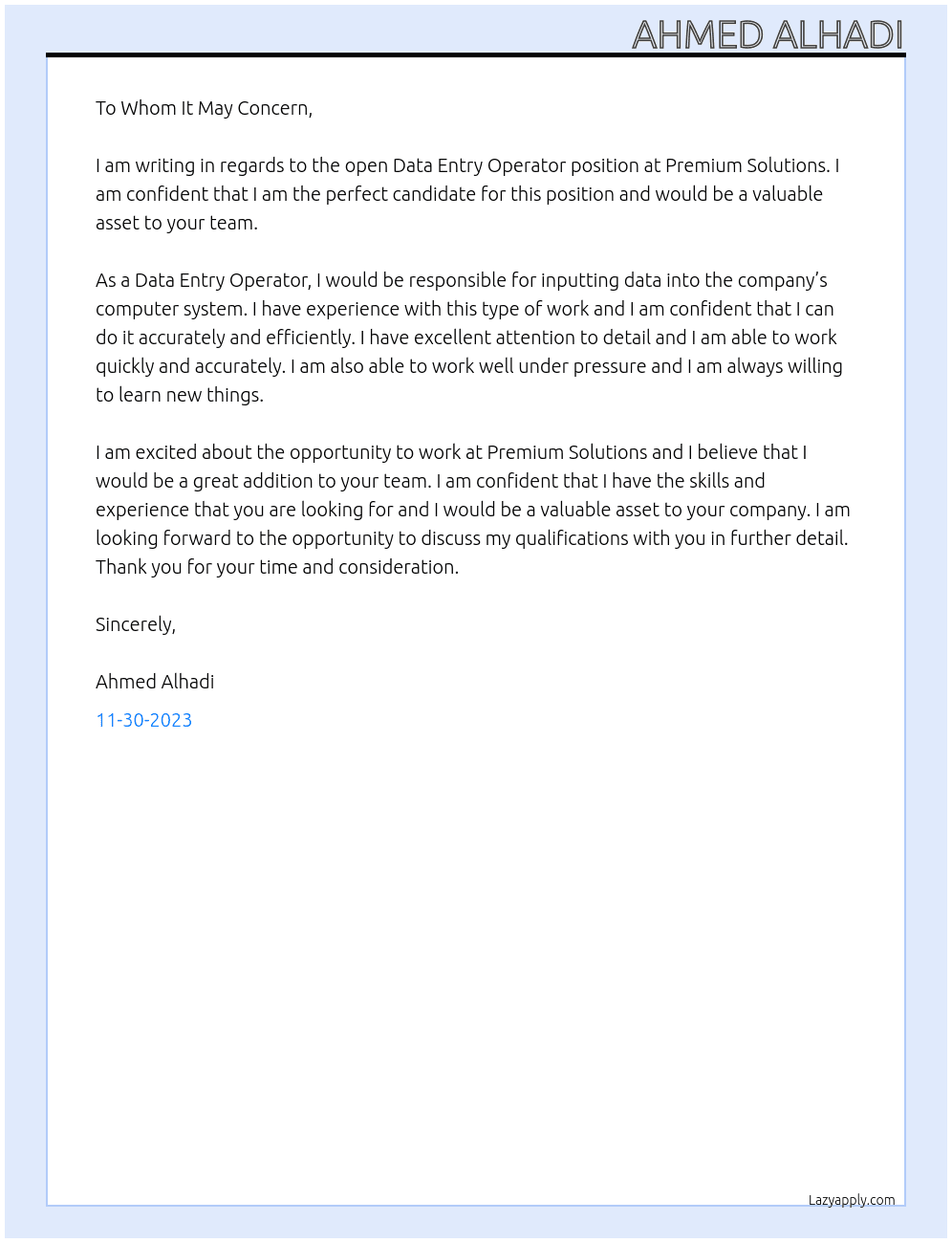 Data Entry Operator At premium solutions Cover Letter