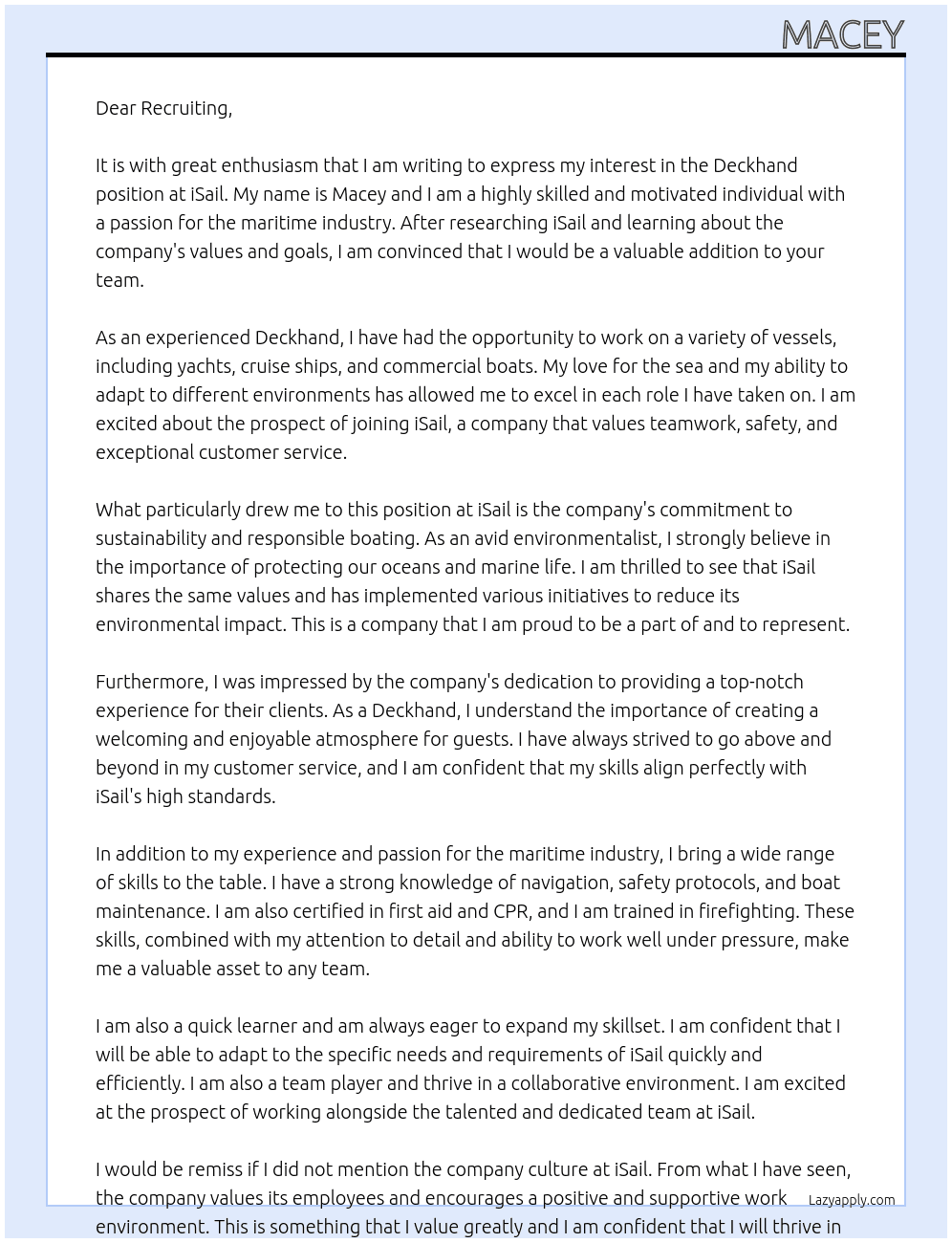 Deckhand At iSail Cover Letter