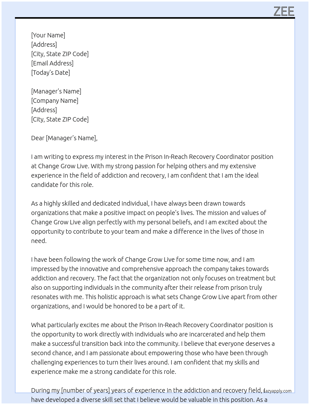 Prison In-Reach Recovery Coordinator At Change grow live  Cover Letter