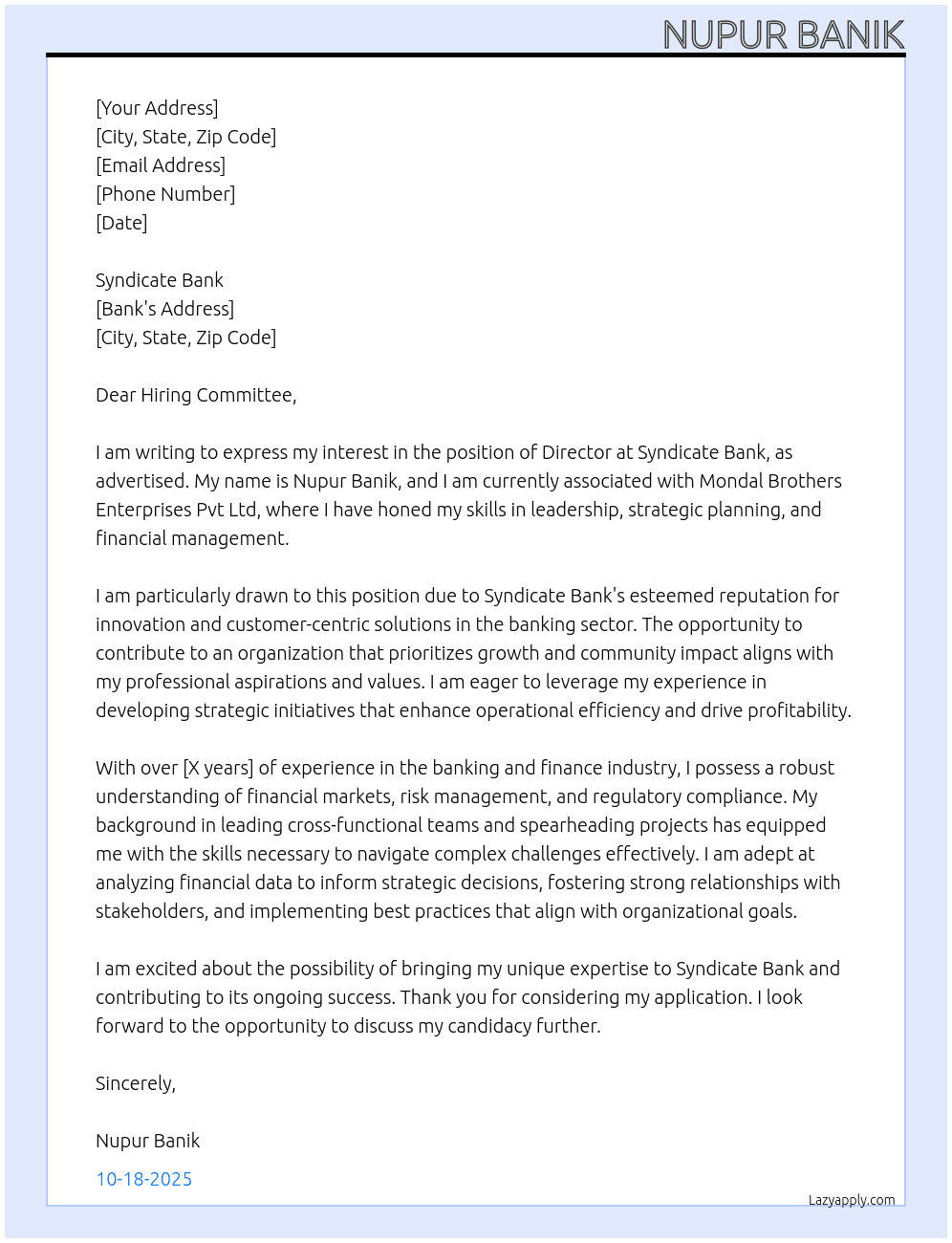 Director  At Mondal Brothers enterprises Pvt Ltd  Cover Letter