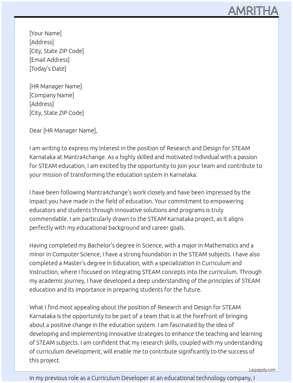 Research and design - STEAM Karnataka At Mantra4change Cover Letter