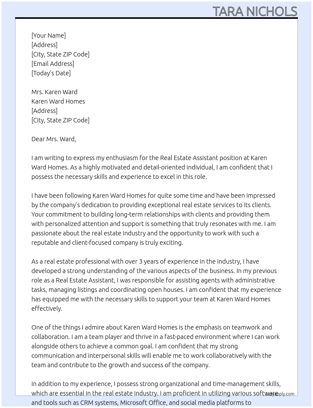 Real Estate Assistant At Karen Ward Homes Cover Letter