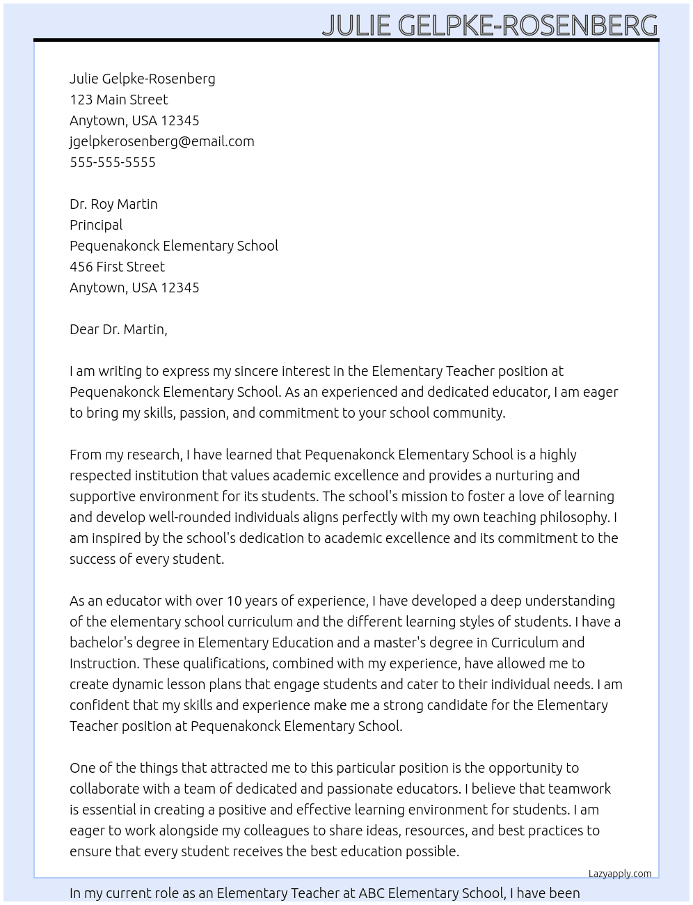 Elementary Teacher At   Pequenakonck Elementary School Cover Letter
