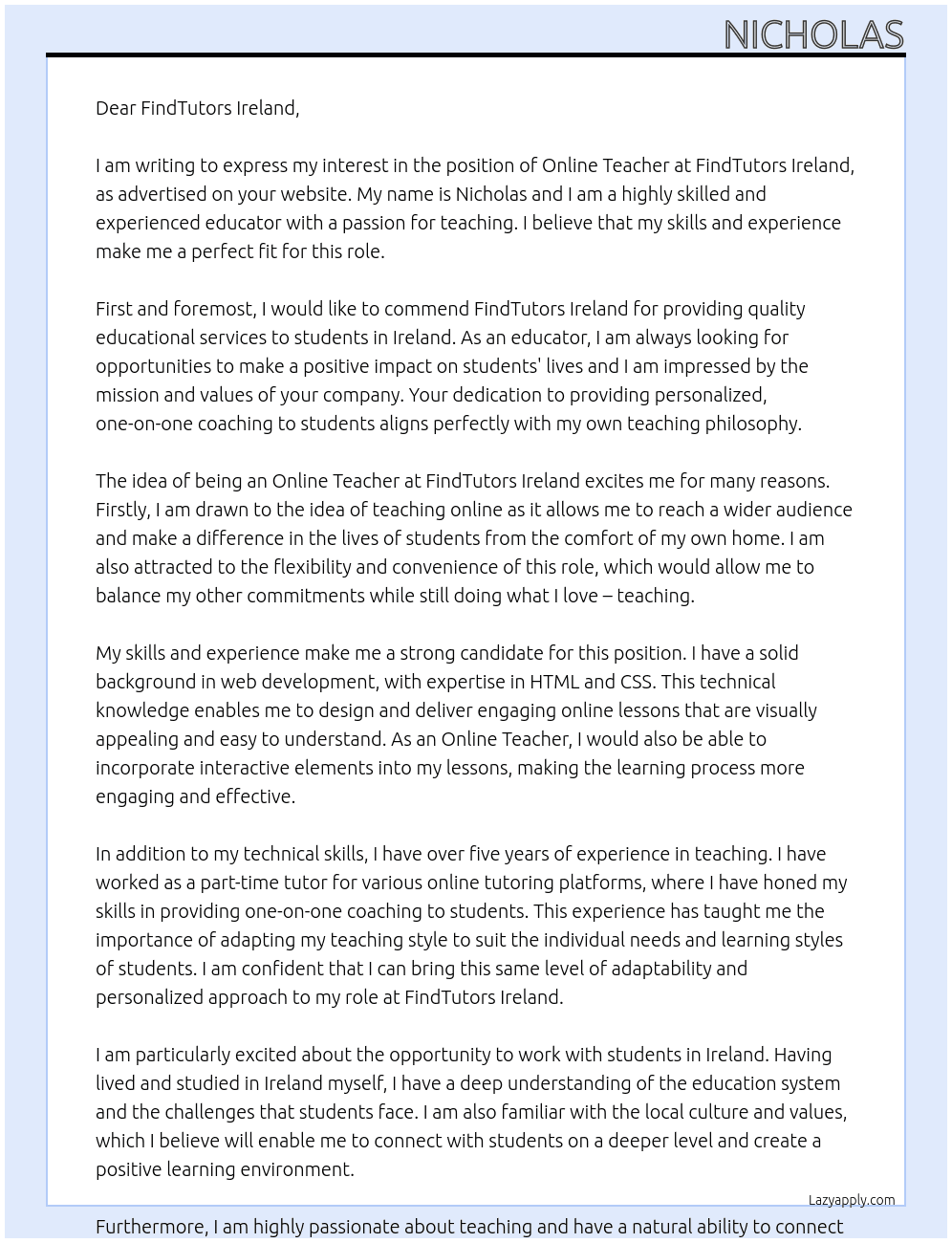 Online teacher  At FindTutors Ireland  Cover Letter
