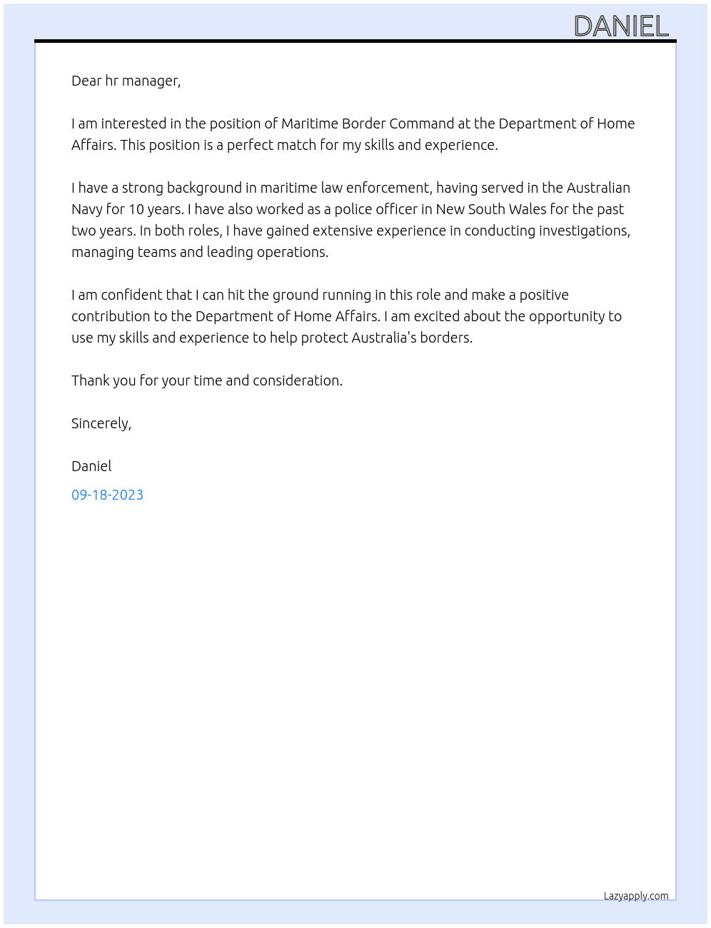 Maritime Border Command At Department of Home Affairs Cover Letter