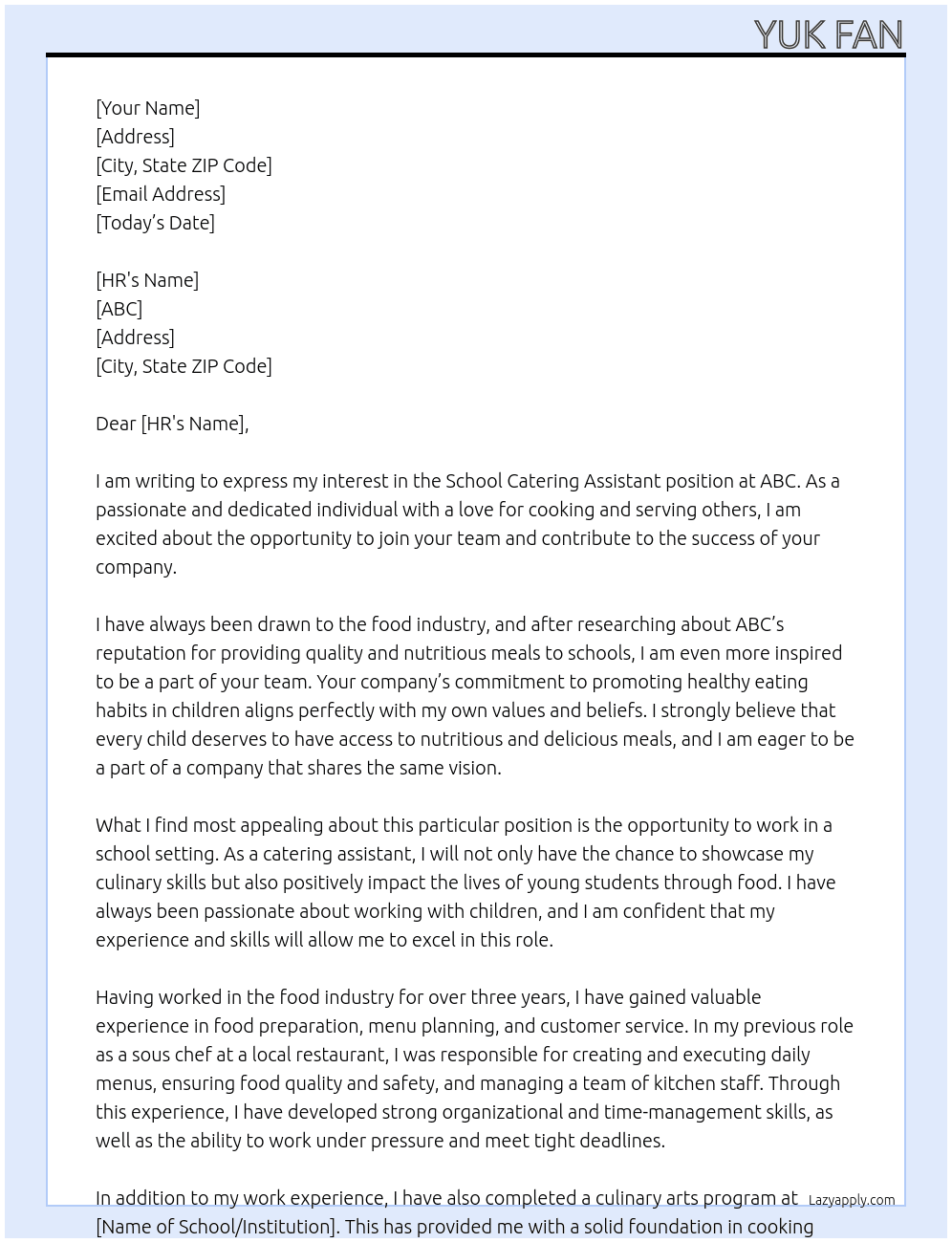 school catering assistant At ABC Cover Letter