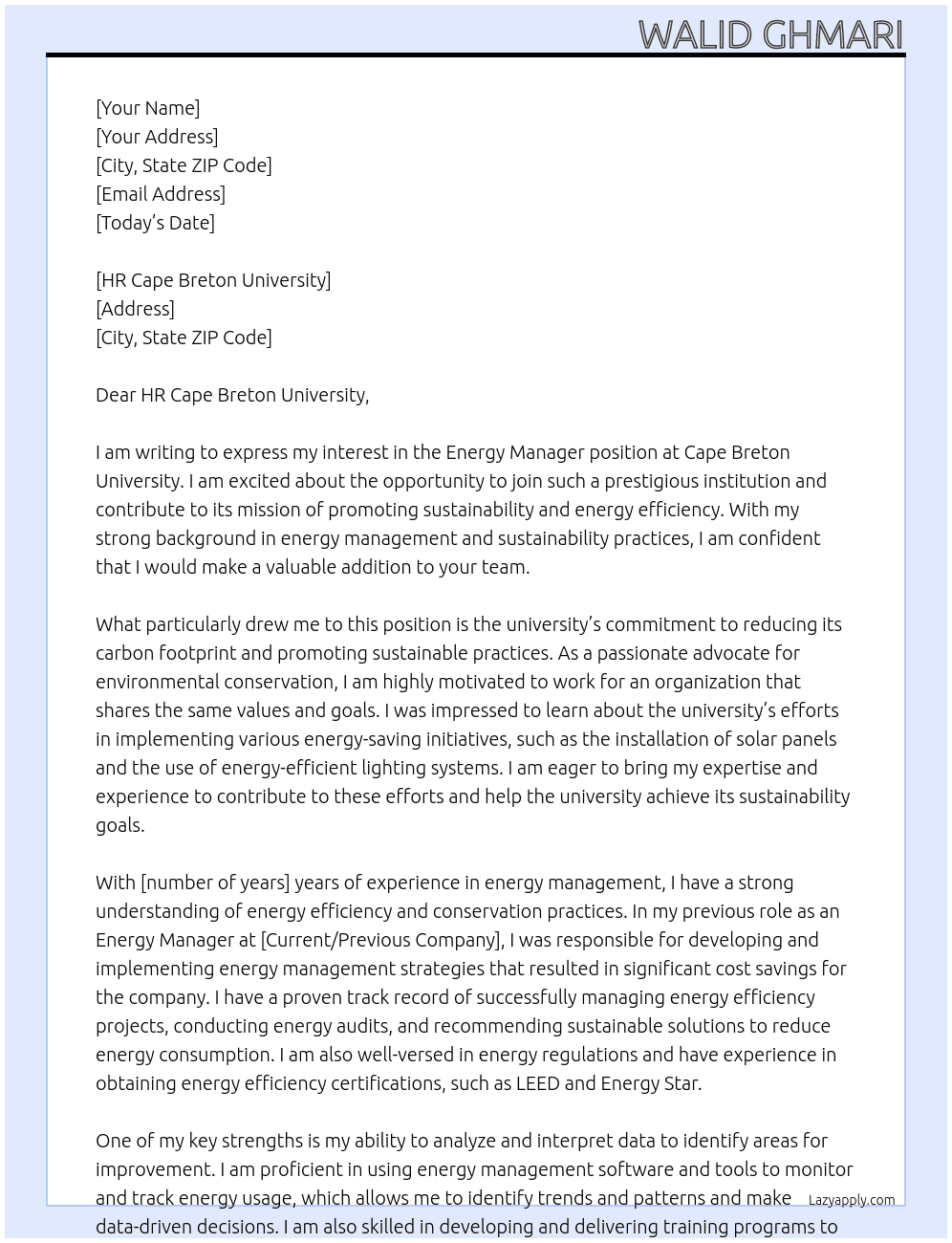 Energy Manager  At Cape Breton University Cover Letter
