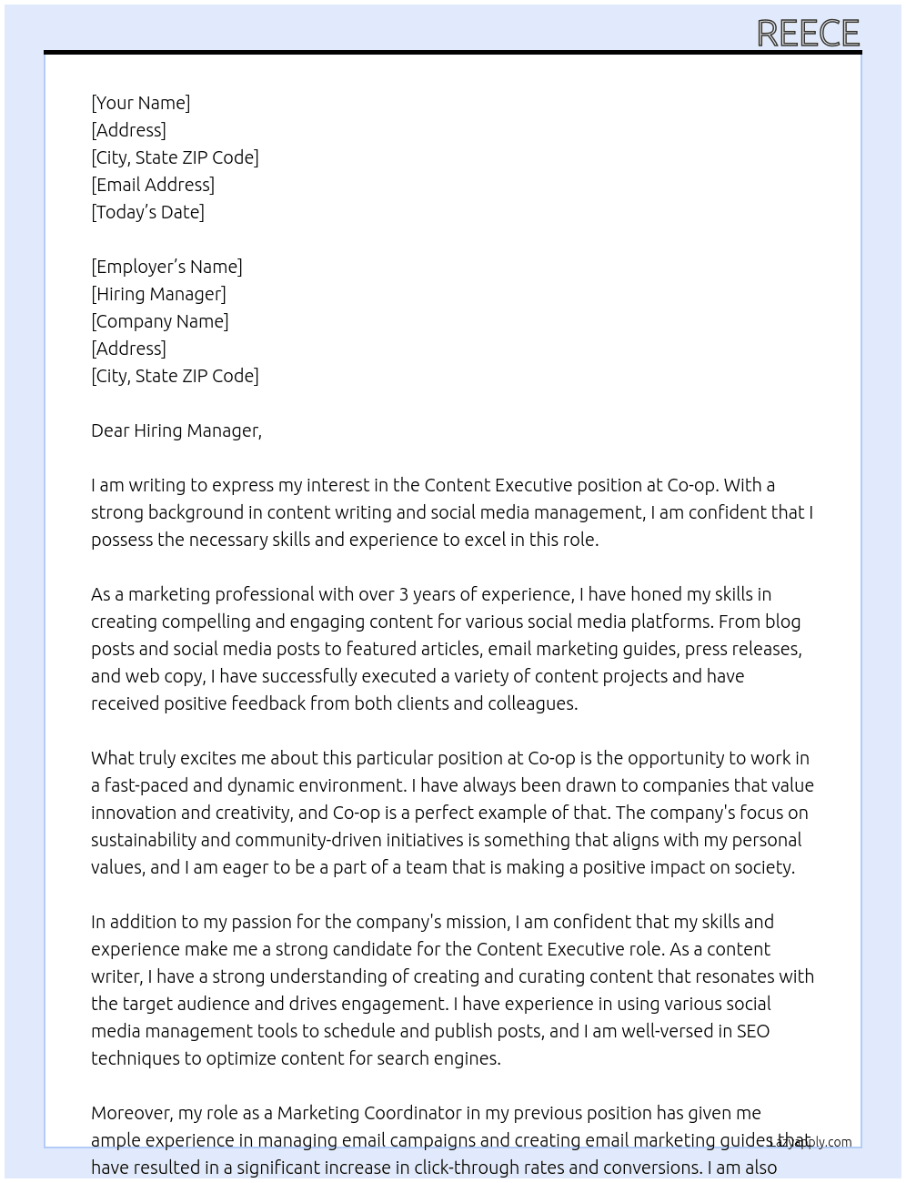 Content Executive At Co-op Cover Letter