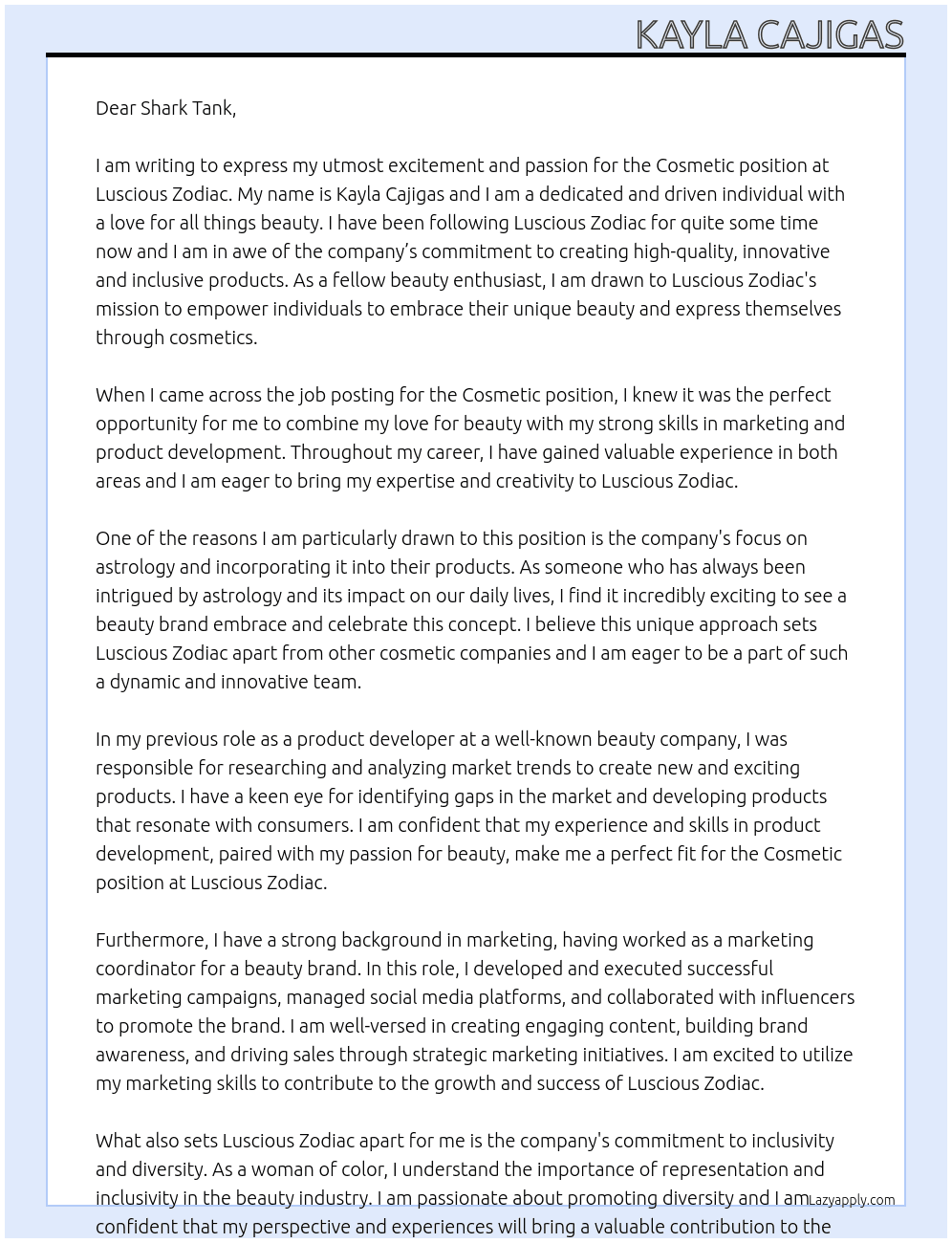 Cosmetic  At Luscious Zodiac Cover Letter