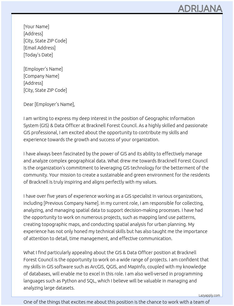 Geographic Information System (GIS) & Data Officer At Bracknell Forest Council Cover Letter
