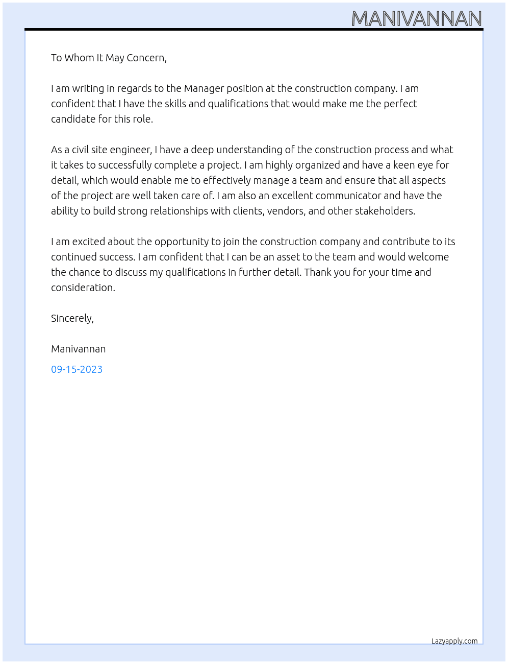 civil site engineer At construction company Cover Letter