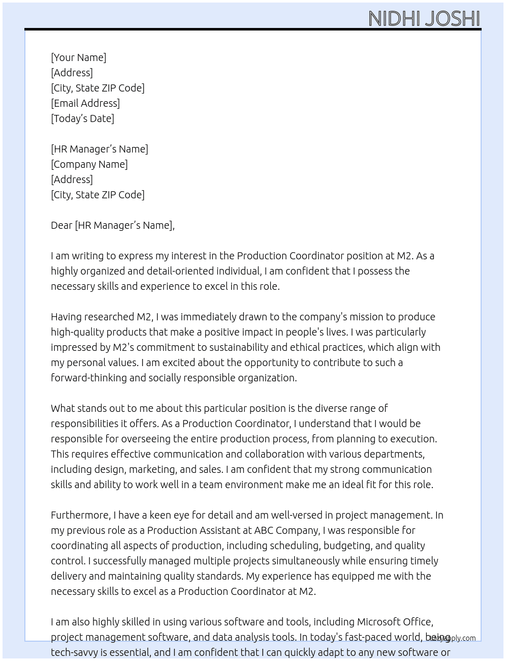 Production Coordinator  At M2  Cover Letter