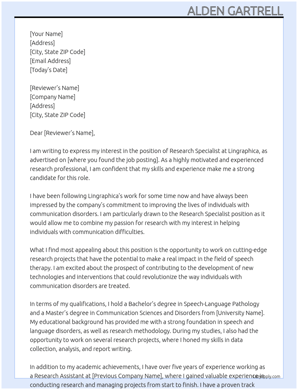 Research Specialist  At Lingraphica  Cover Letter