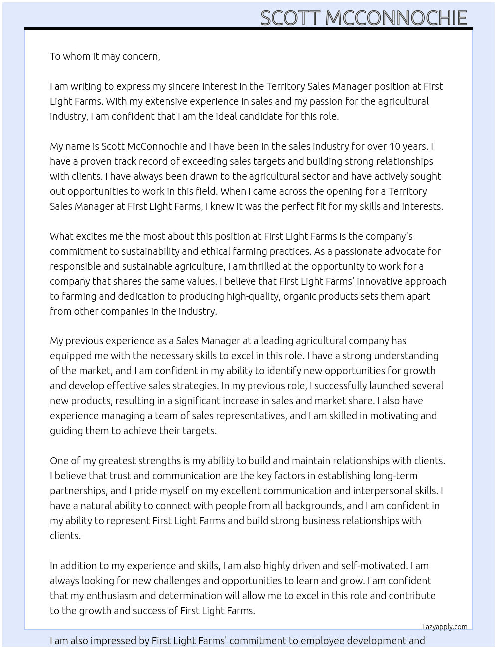 Territory Sales manager  At First light farms  Cover Letter