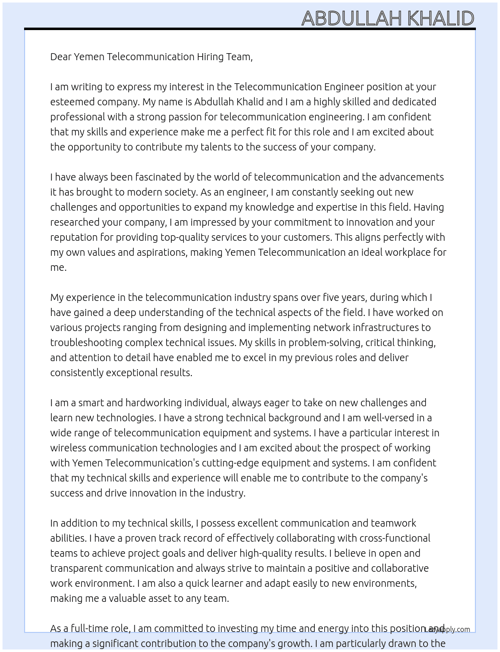 Telecommunication engineer At Yemen telecommunication  Cover Letter