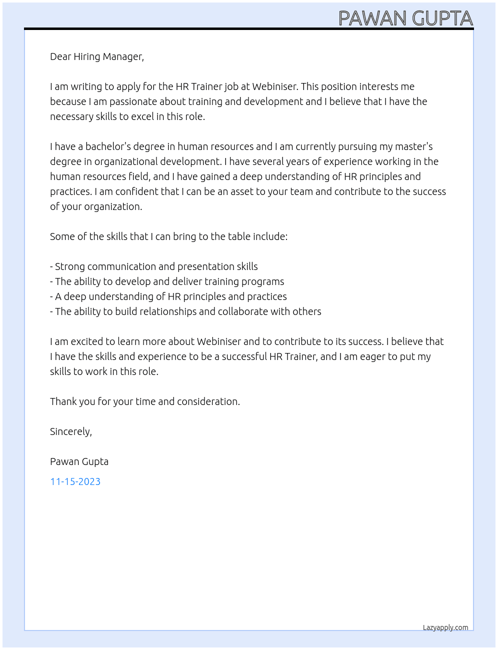 HR Trainer job At Webiniser Cover Letter