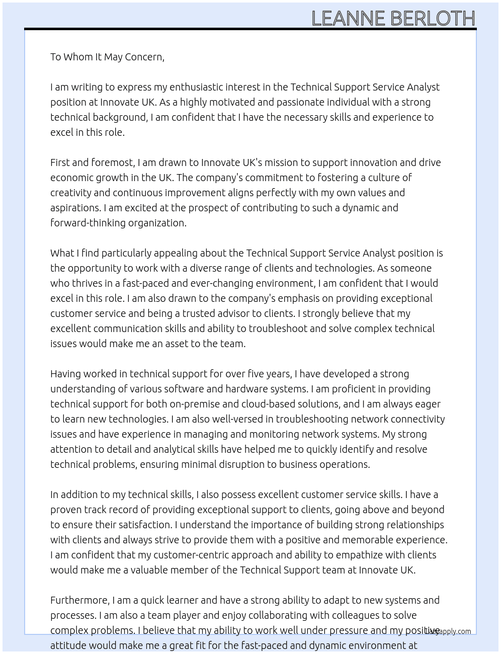 Technical Support Service Analyst At Innovate UK Cover Letter