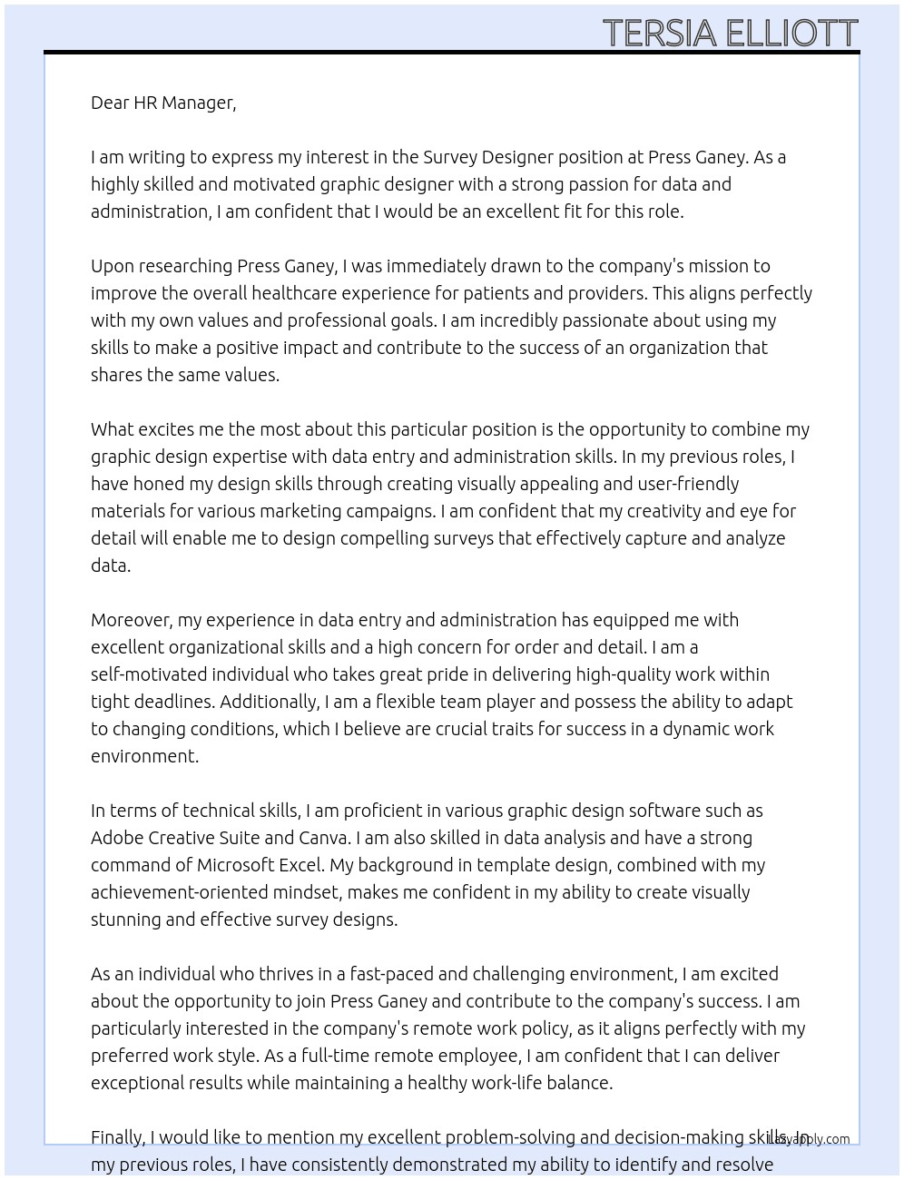 Survey Designer At Press Ganey Cover Letter