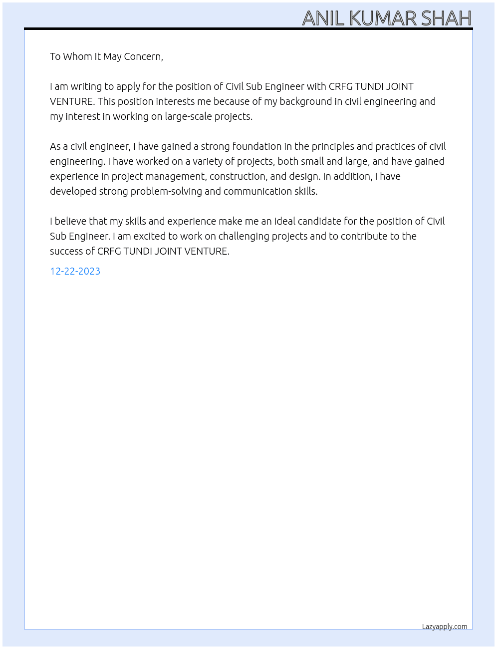 Civil sub engineer  At CRFG TUNDI JOINT VENTURE  Cover Letter