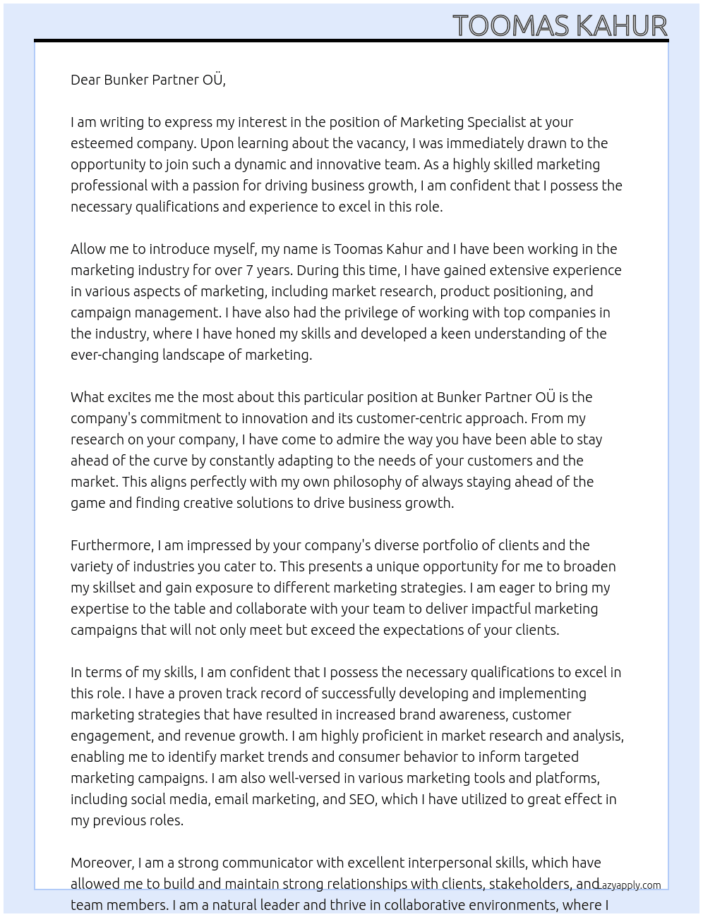 Marketing Specialist At Bunker Partner OÜ Cover Letter
