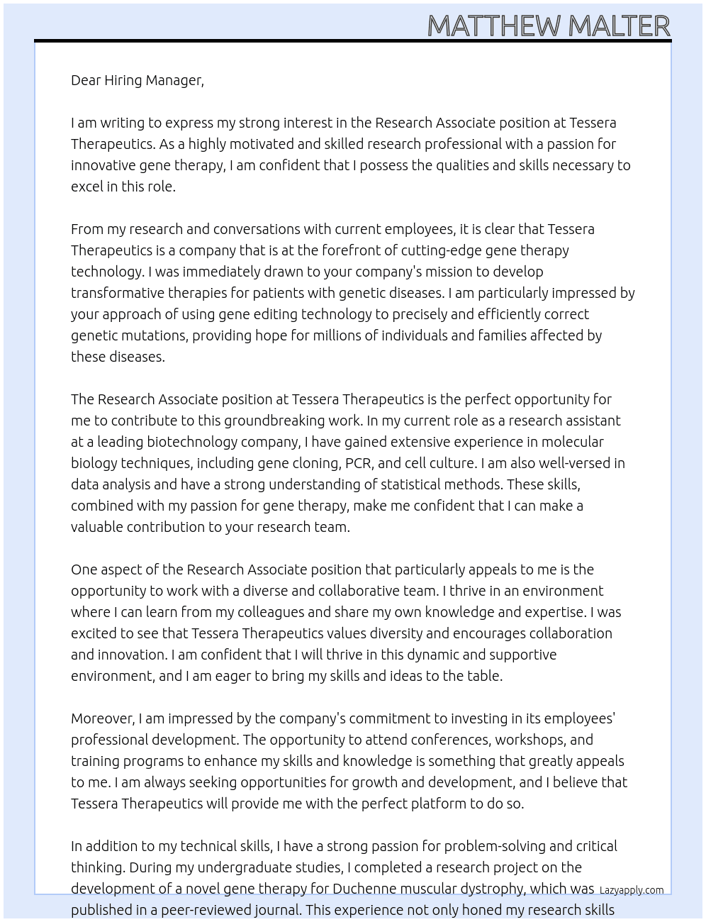 Research Associate At Tessera Therapeutics Cover Letter