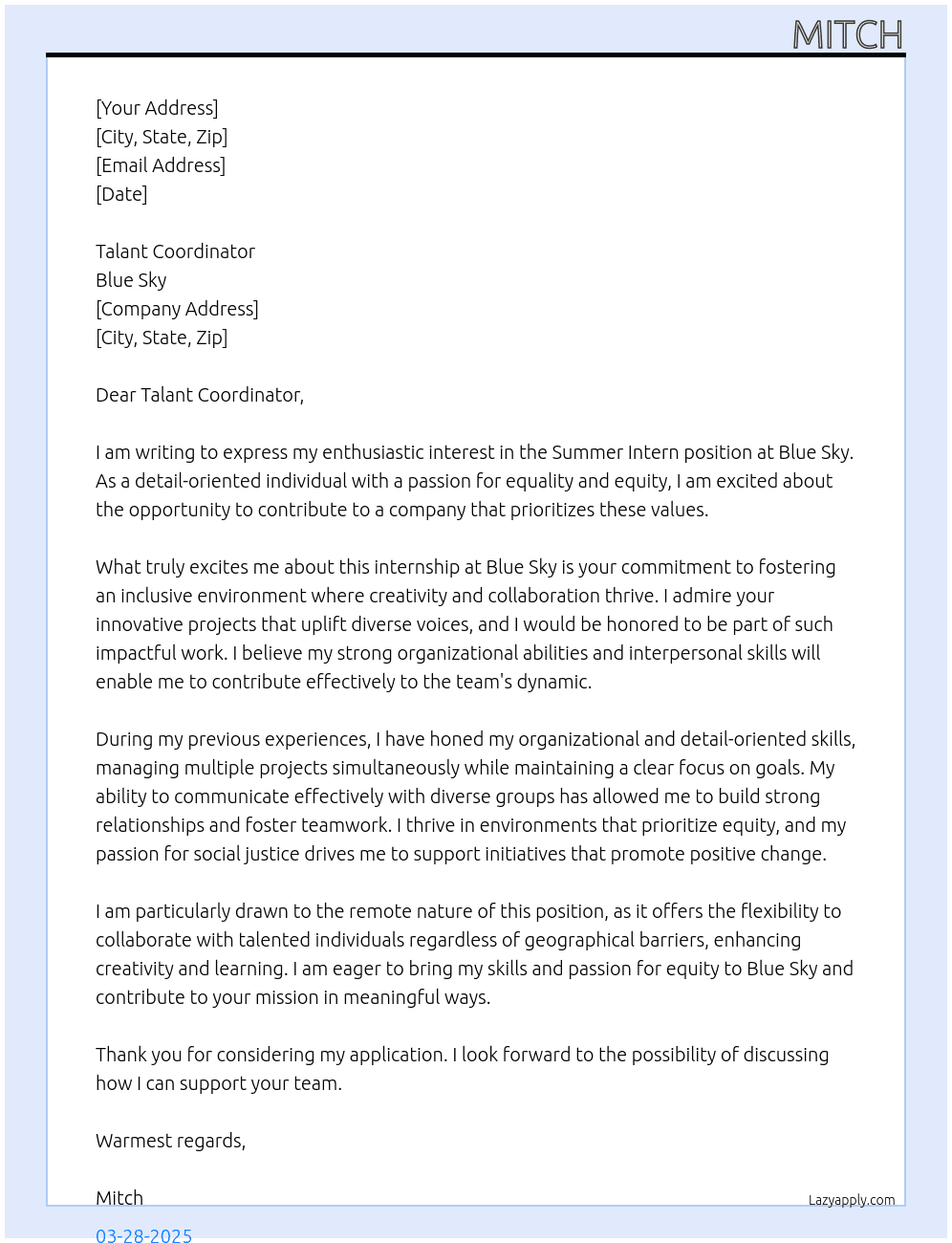 Summer Inter At Blue Sky Cover Letter