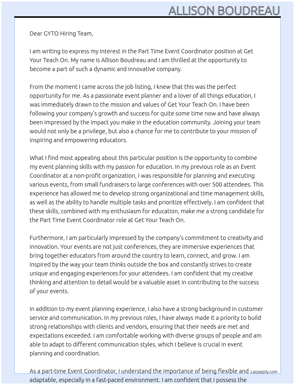 Part Time Event Coordinator At Get Your Teach On Cover Letter