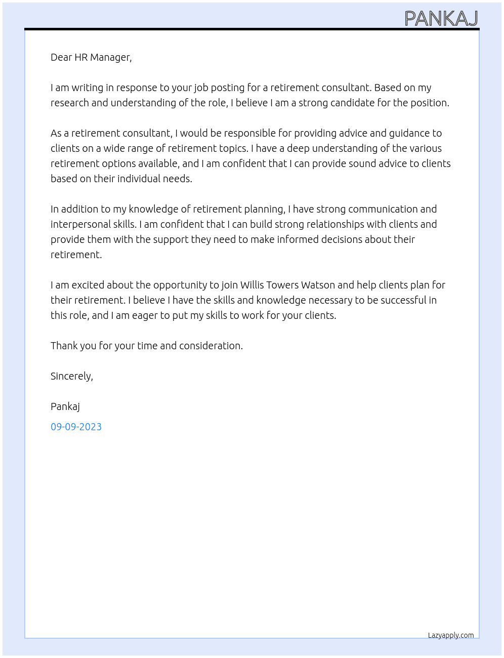 Retirement Consulting At Willis Towers Watson Cover Letter