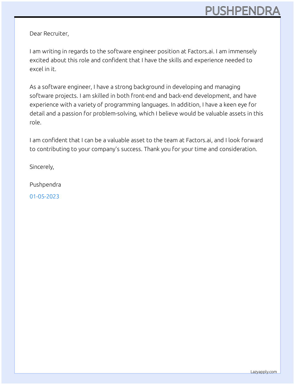 Software Engineer At Factors.ai Cover Letter