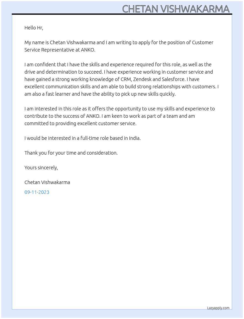 Customer service representative  At ANKO Cover Letter