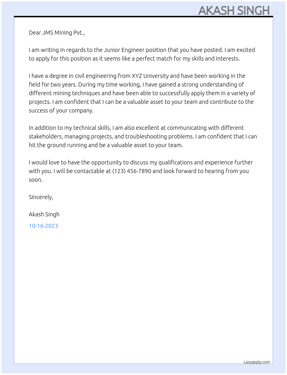 Junior Engineer  At JMS Mining Pvt. Cover Letter