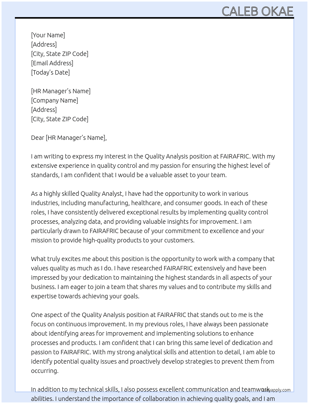 QUALITY ANALYSIS At FAIRAFRIC Cover Letter
