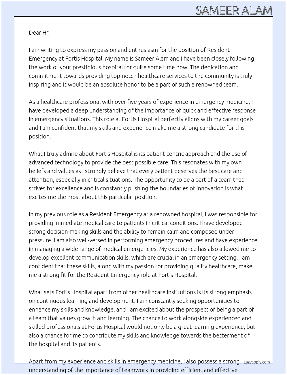 Resident emergency  At Fortis hospital  Cover Letter