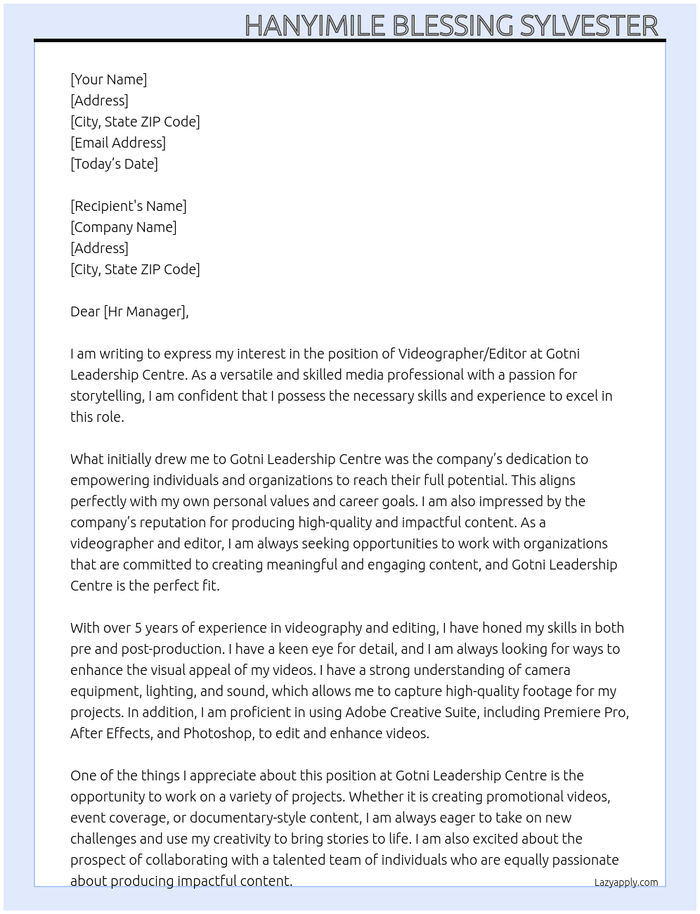 Cover letter for videographer/ editor - LazyApply