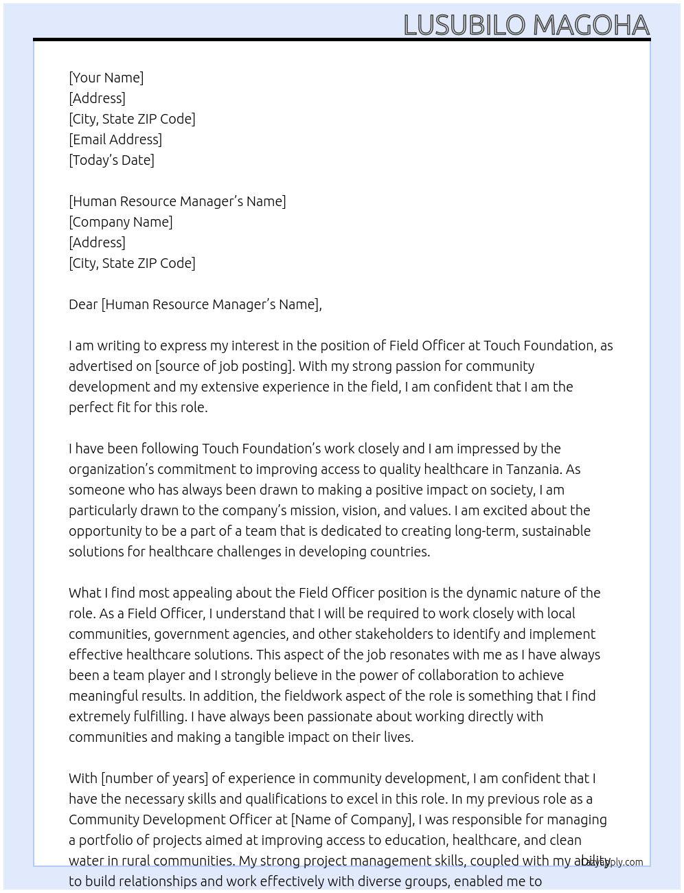 Field Officer At Touch Foundation Cover Letter
