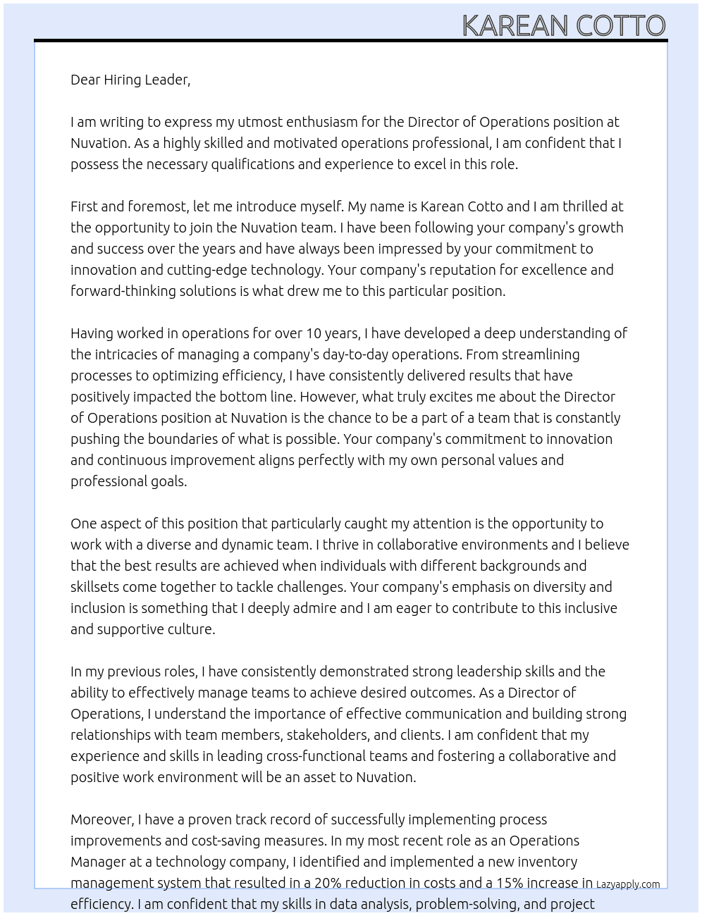 Director of Operations At Nuvation Cover Letter
