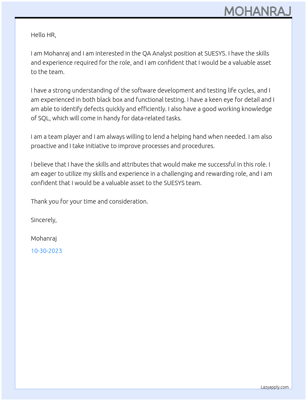 QA Analyst At SUESYS Cover Letter