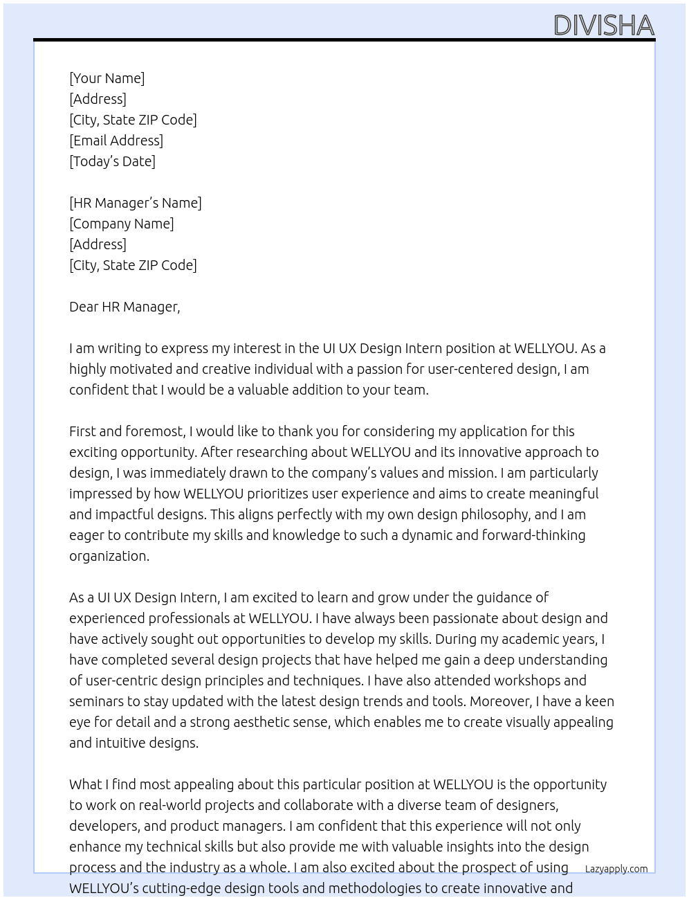 UI UX DESIGN INTERN At WELLYOU Cover Letter