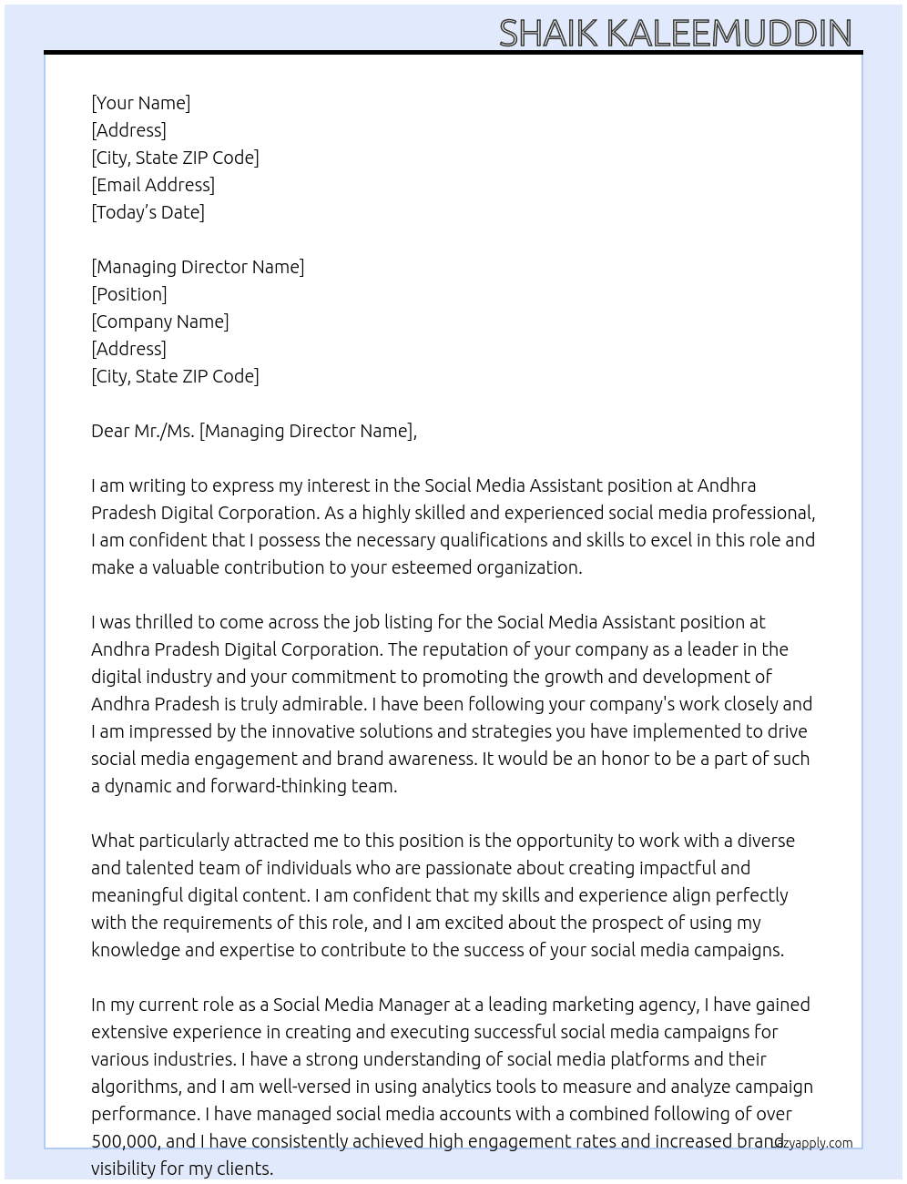 Social media assistant  At Andhra Pradesh Digital Corporation  Cover Letter