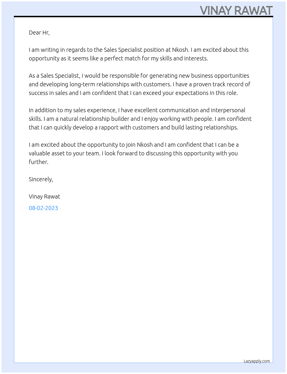 Sales specialist  At Nkosh  Cover Letter
