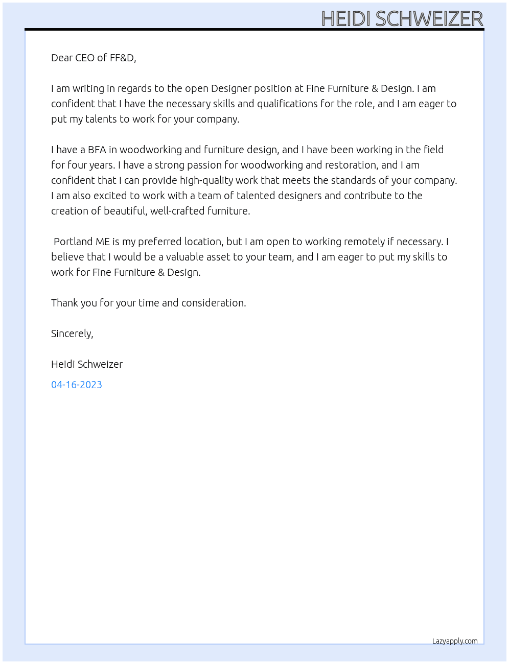 Designer At Fine furniture & design Cover Letter