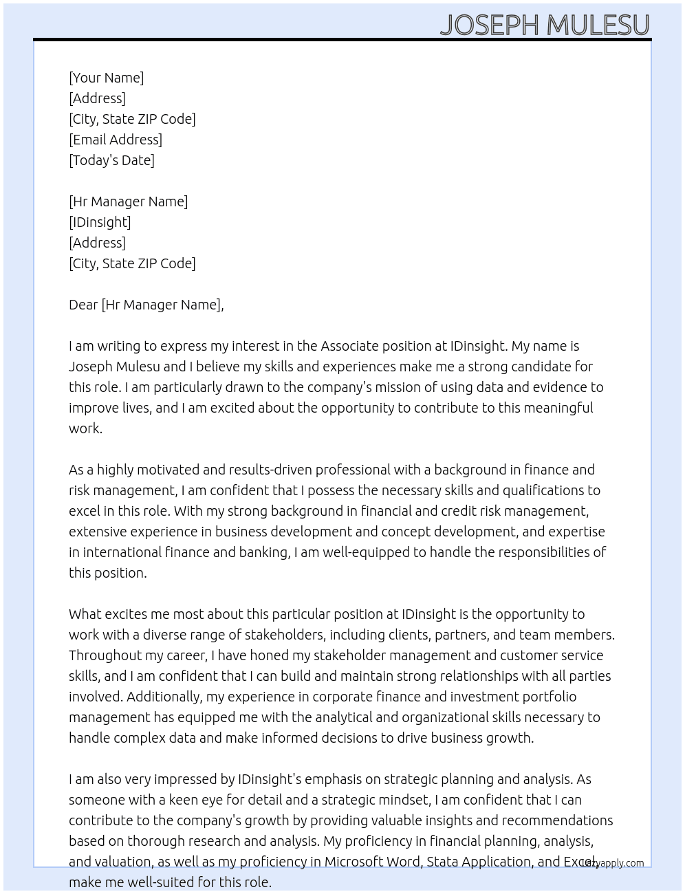 Associate  At IDinsight Cover Letter