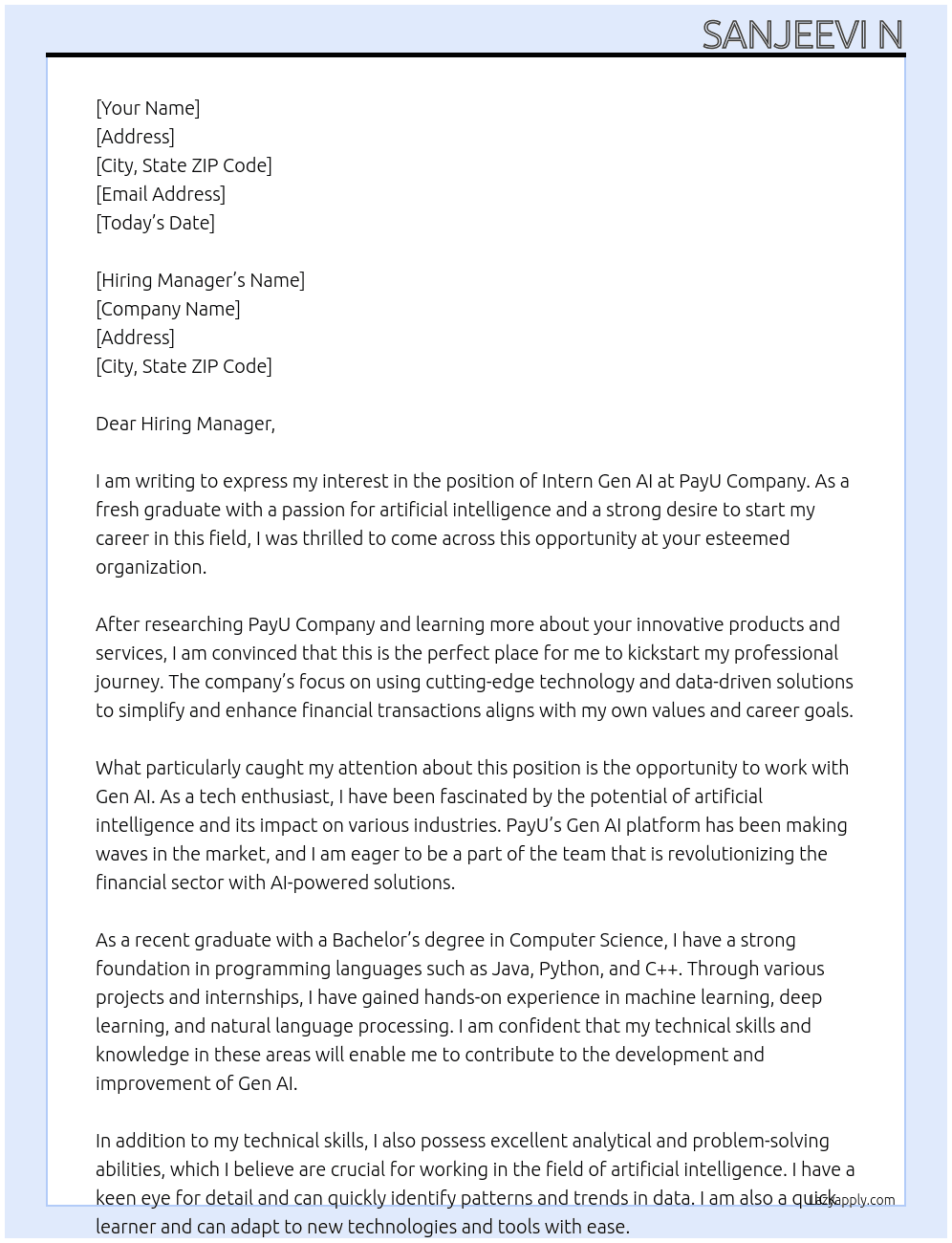 Intern Gen AI as fresher At PayU company Cover Letter