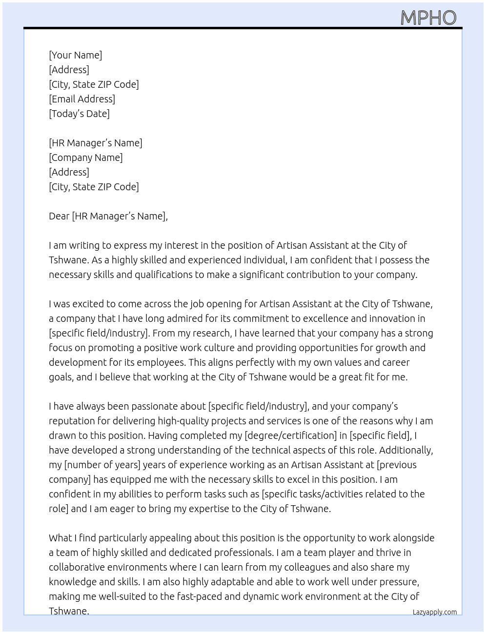 Artisan Assistant At city of tshwane Cover Letter