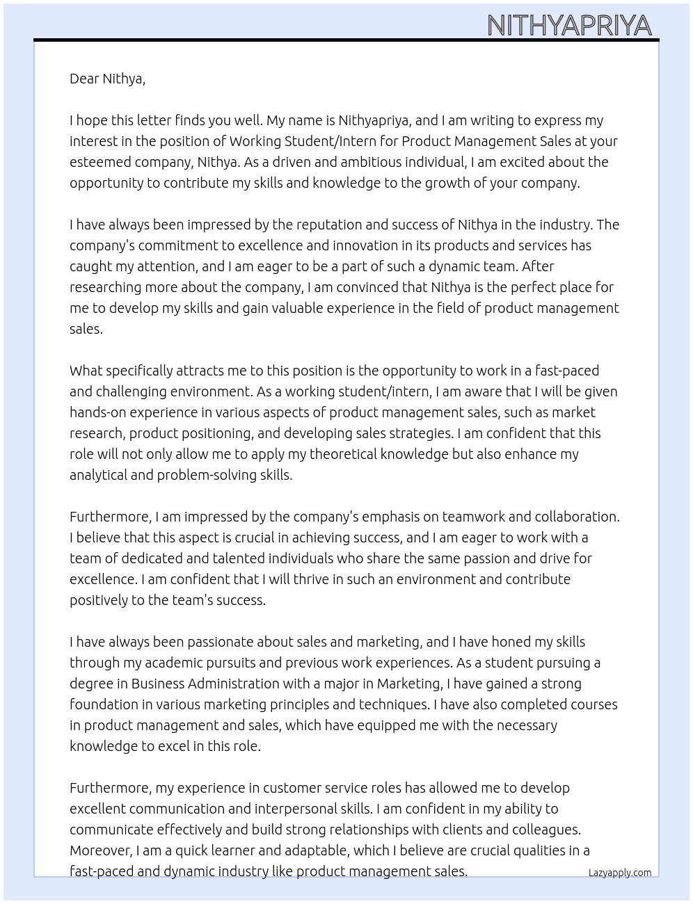 Working Student/ Intern Product Management Sales (m/f/d)  At Nithya Cover Letter
