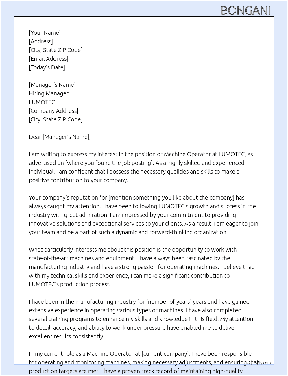 machine operator At LUMOTEC Cover Letter